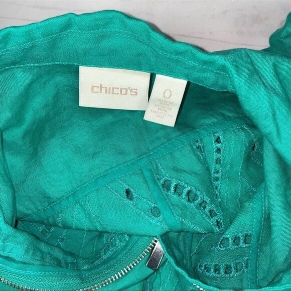 Chico's Jade Green Linen Eyelet Zip Up Jacket Size 0 - Picture 5 of 9